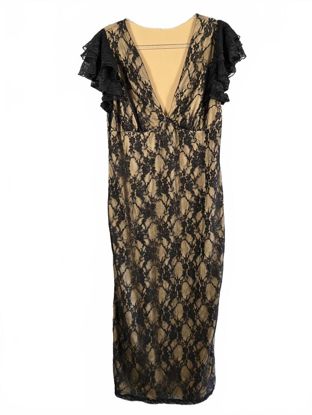 Black Lace Fully Lined Ruffle V-Neck Sheath Dress XL Whimsigoth Romantic Cocktai